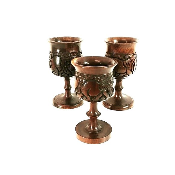 Goblets Artisan Hand Carved Wood Rhino Design Decoration Only Set of 3 - Picture 7 of 10